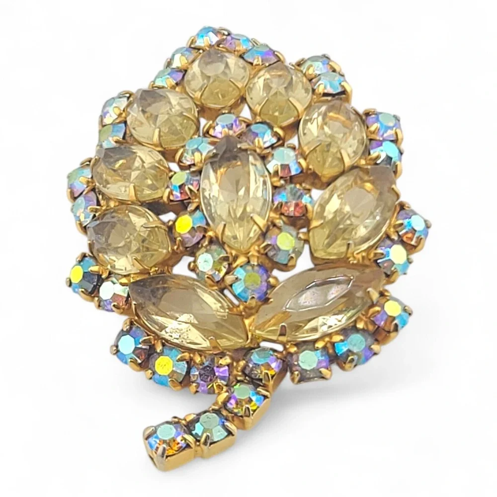 Vintage Juliana D&E Aurora Borealis Rhinestone Yellow Leaf Brooch Gold Tone